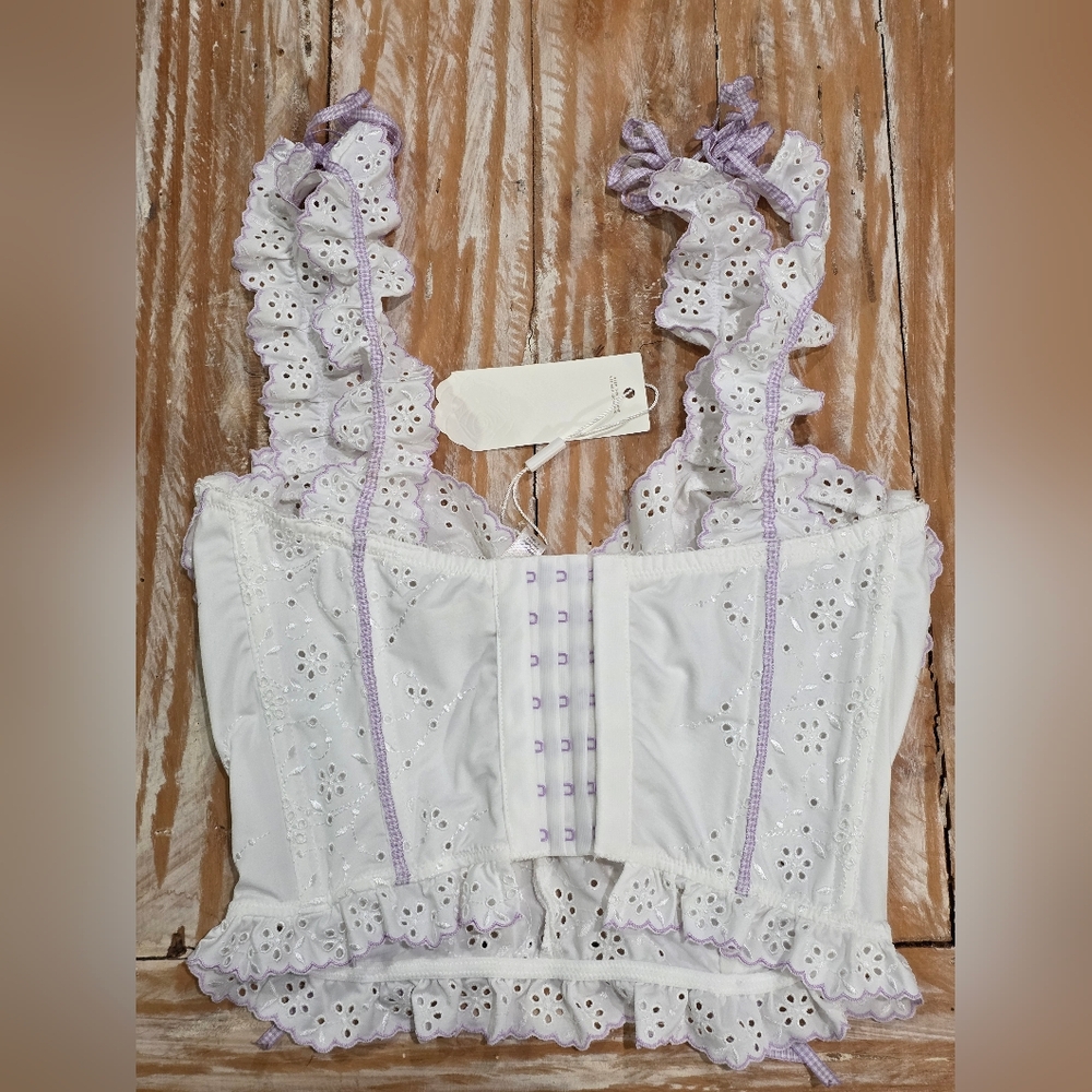 NWT For Love & Lemons Swirl Eyelet Corset Crop Top‎ White Lavender 38D - Picture 7 of 7